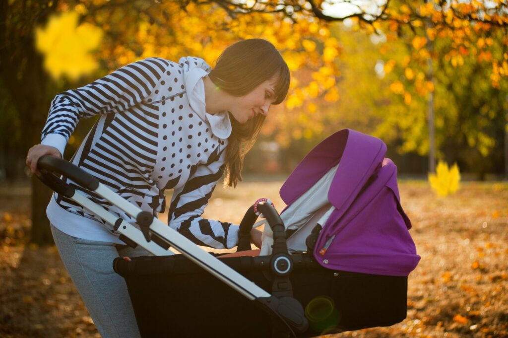 Full-size baby stroller, mum and baby